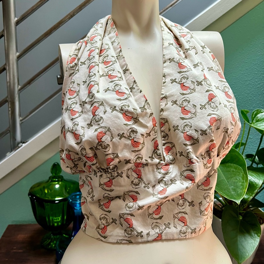 Vintage Nautical Anchor Print Halter Crop Top in Cream Red and black.
